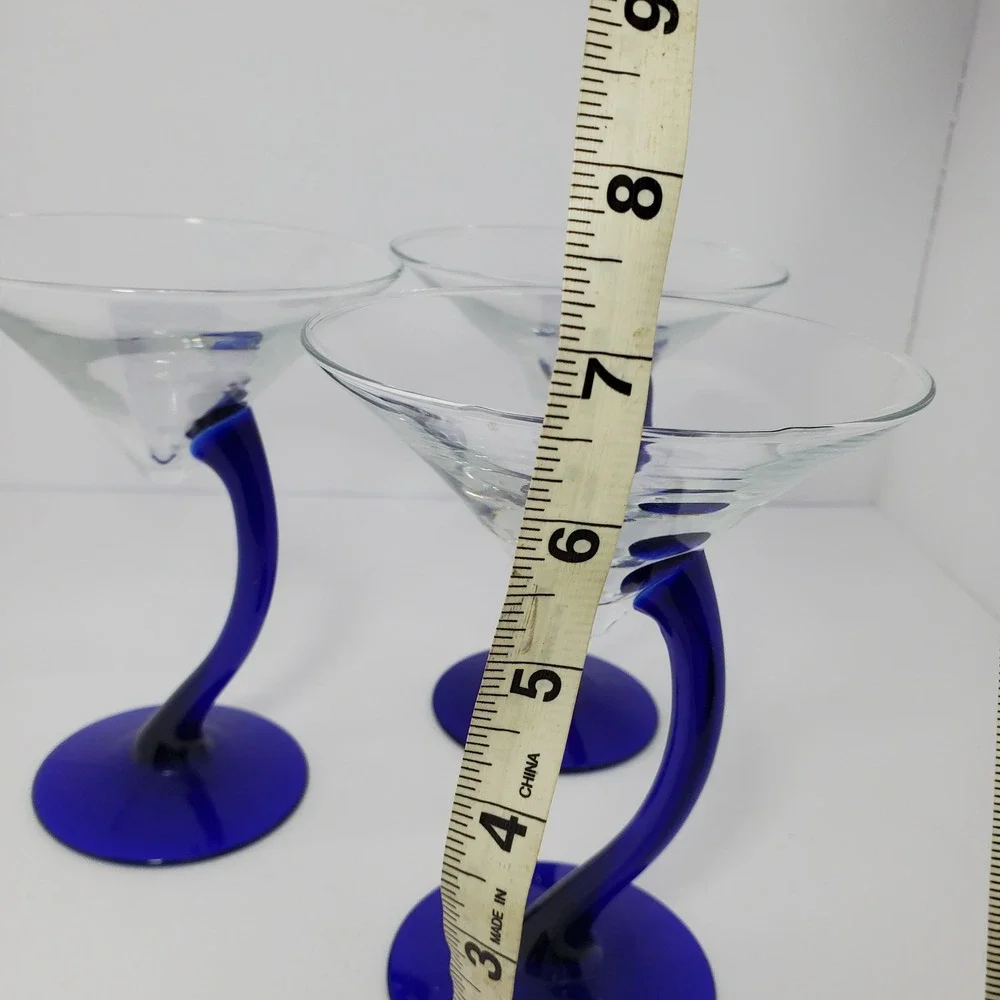 Set of 3 Cobalt Blue Curved Stem Martini Glasses Hand Blown Style Barware 7